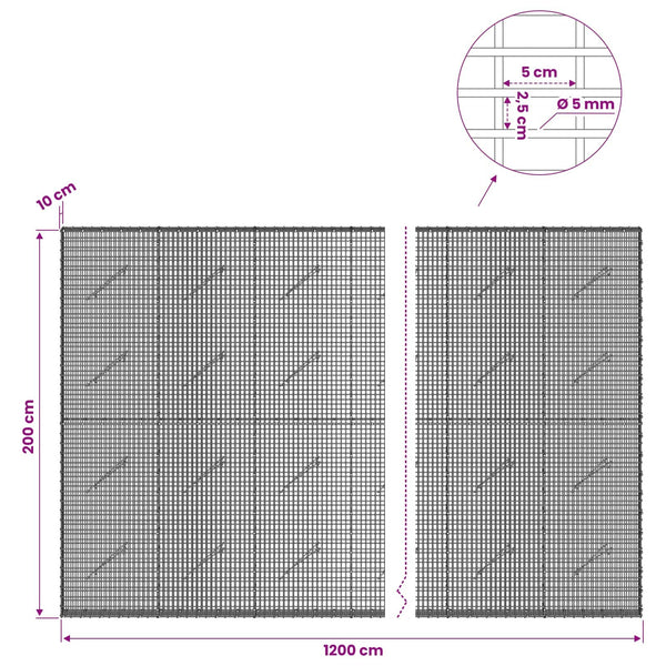 Gabion 5 mm langasta ja 5x2,5 cm verkosta 1200x10x200 cm