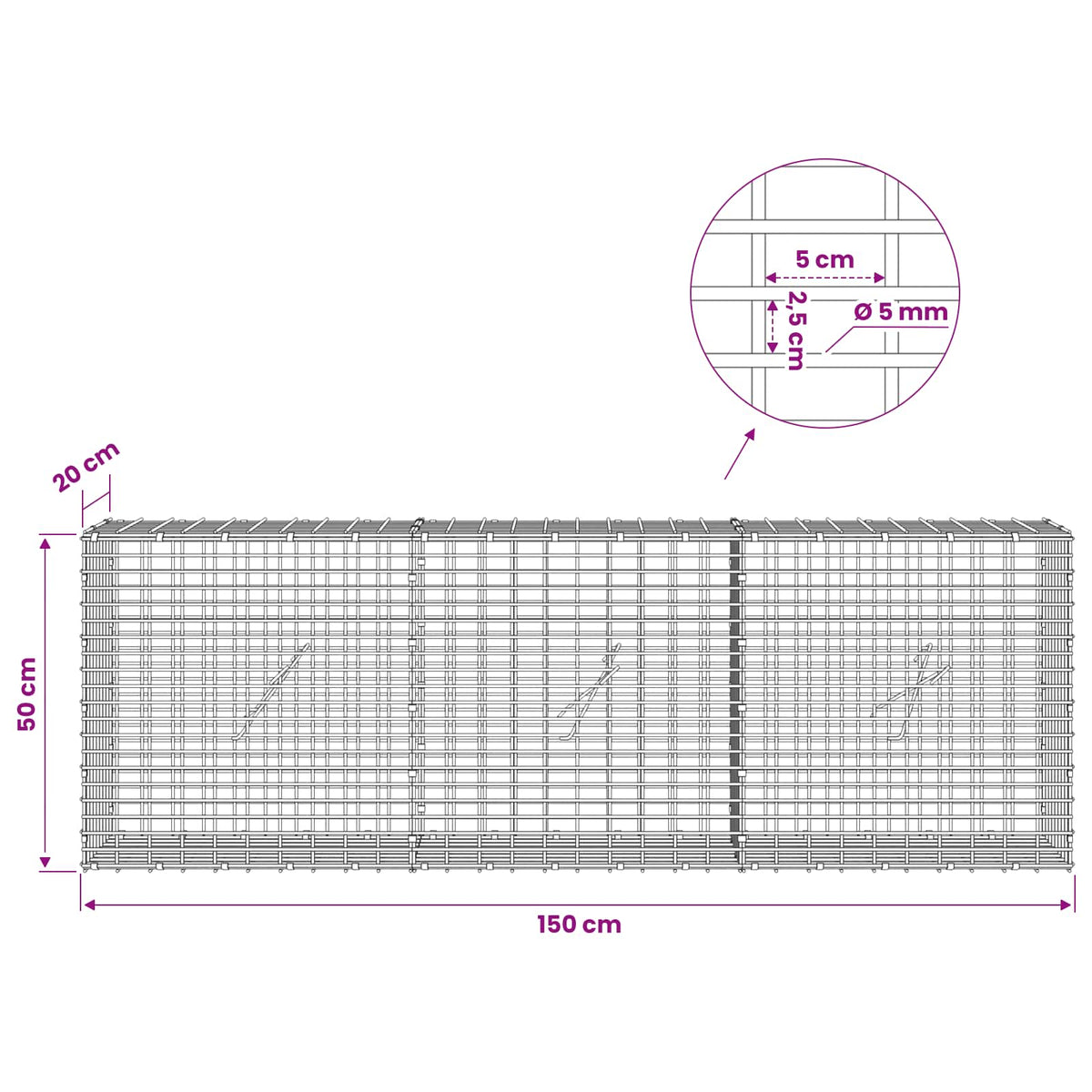 Gabion 5 mm langasta ja 5x2,5 cm verkosta 150x20x50 cm