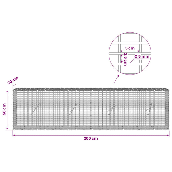 Gabion 5 mm langasta ja 5x2,5 cm verkosta 200x20x50 cm