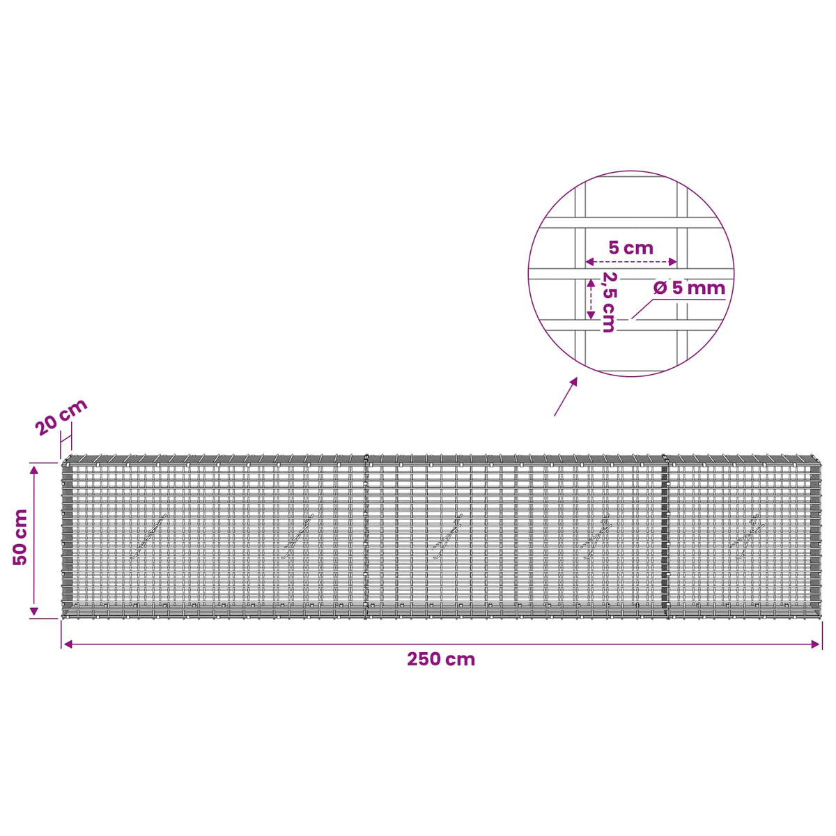 Gabion 5 mm langasta ja 5x2,5 cm verkosta 250x20x50 cm