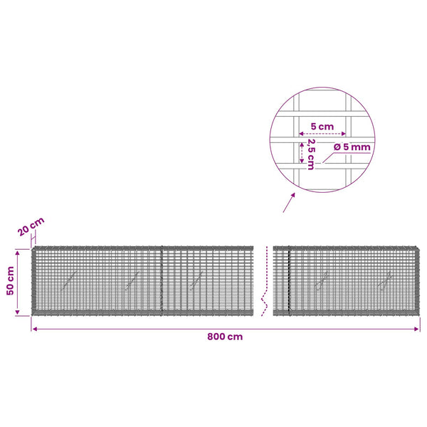 Gabion 5 mm langasta ja 5x2,5 cm verkosta 800x20x50 cm