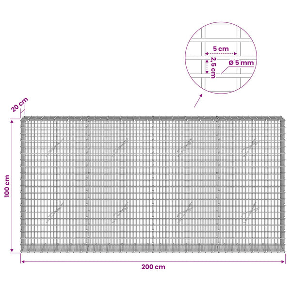 Gabion 5 mm langasta ja 5x2,5 cm verkosta 200x20x100 cm