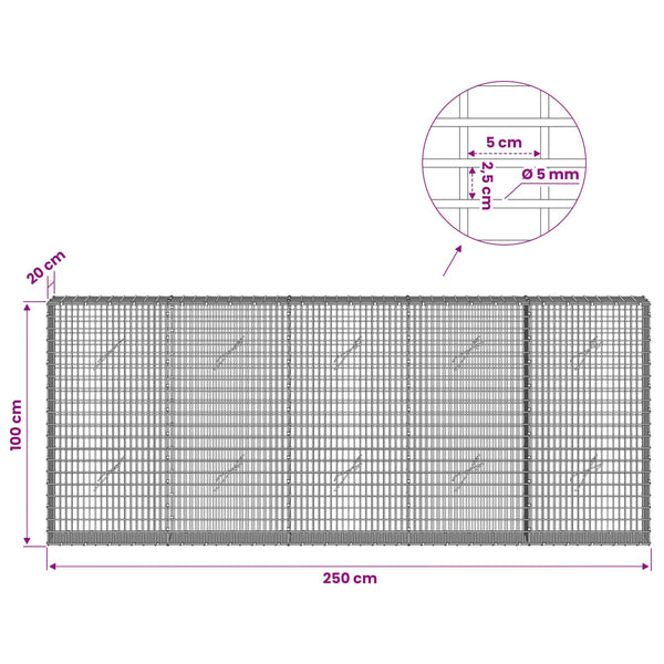 Gabion 5 mm langasta ja 5x2,5 cm verkosta 250x20x100 cm
