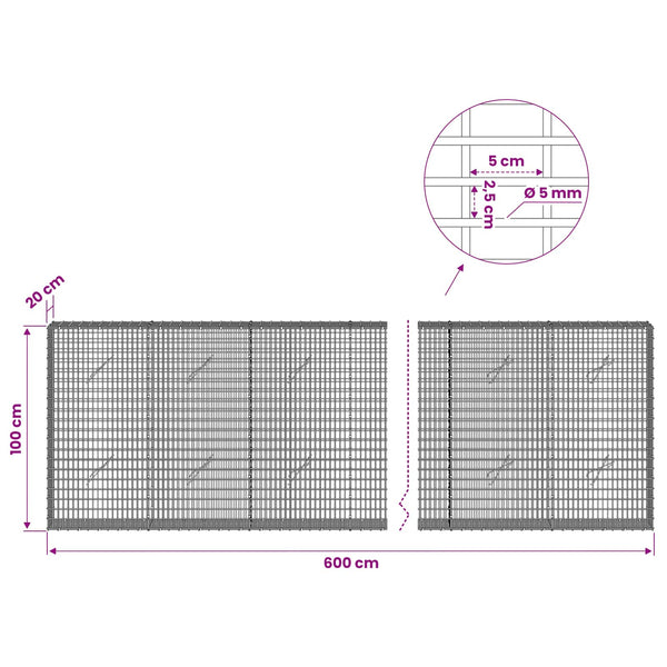 Gabion 5 mm langasta ja 5x2,5 cm verkosta 600x20x100 cm