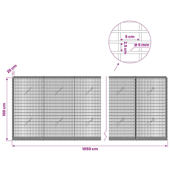 Gabion 5 mm langasta ja 5x2,5 cm verkosta 1050x20x100 cm