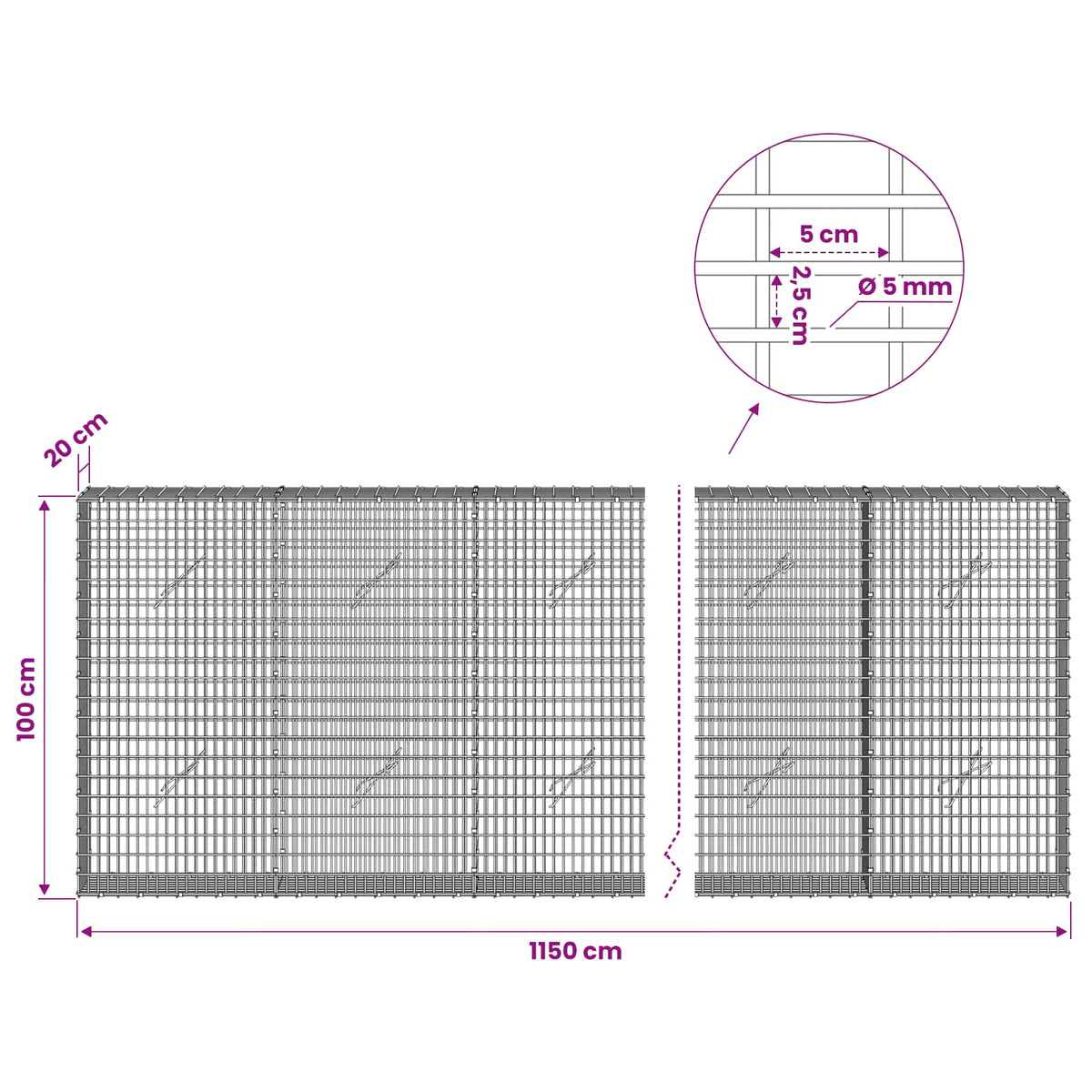Gabion 5 mm langasta ja 5x2,5 cm verkosta 1150x20x100 cm