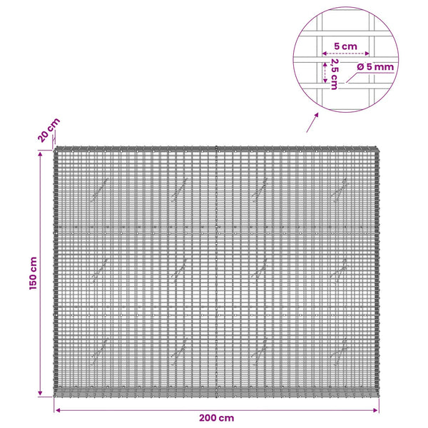 Gabion 5 mm langasta ja 5x2,5 cm verkosta 200x20x150 cm