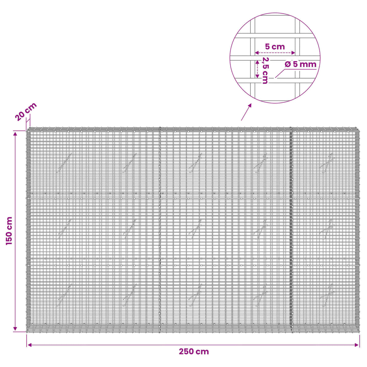 Gabion 5 mm langasta ja 5x2,5 cm verkosta 250x20x150 cm