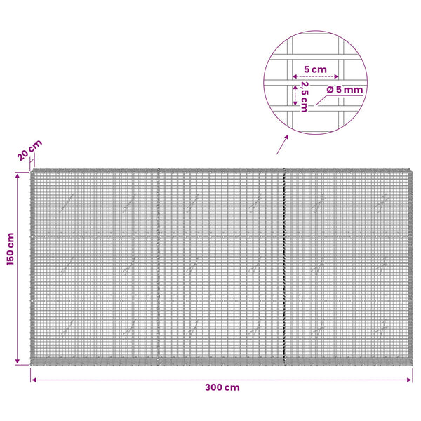 Gabion 5 mm langasta ja 5x2,5 cm verkosta 300x20x150 cm