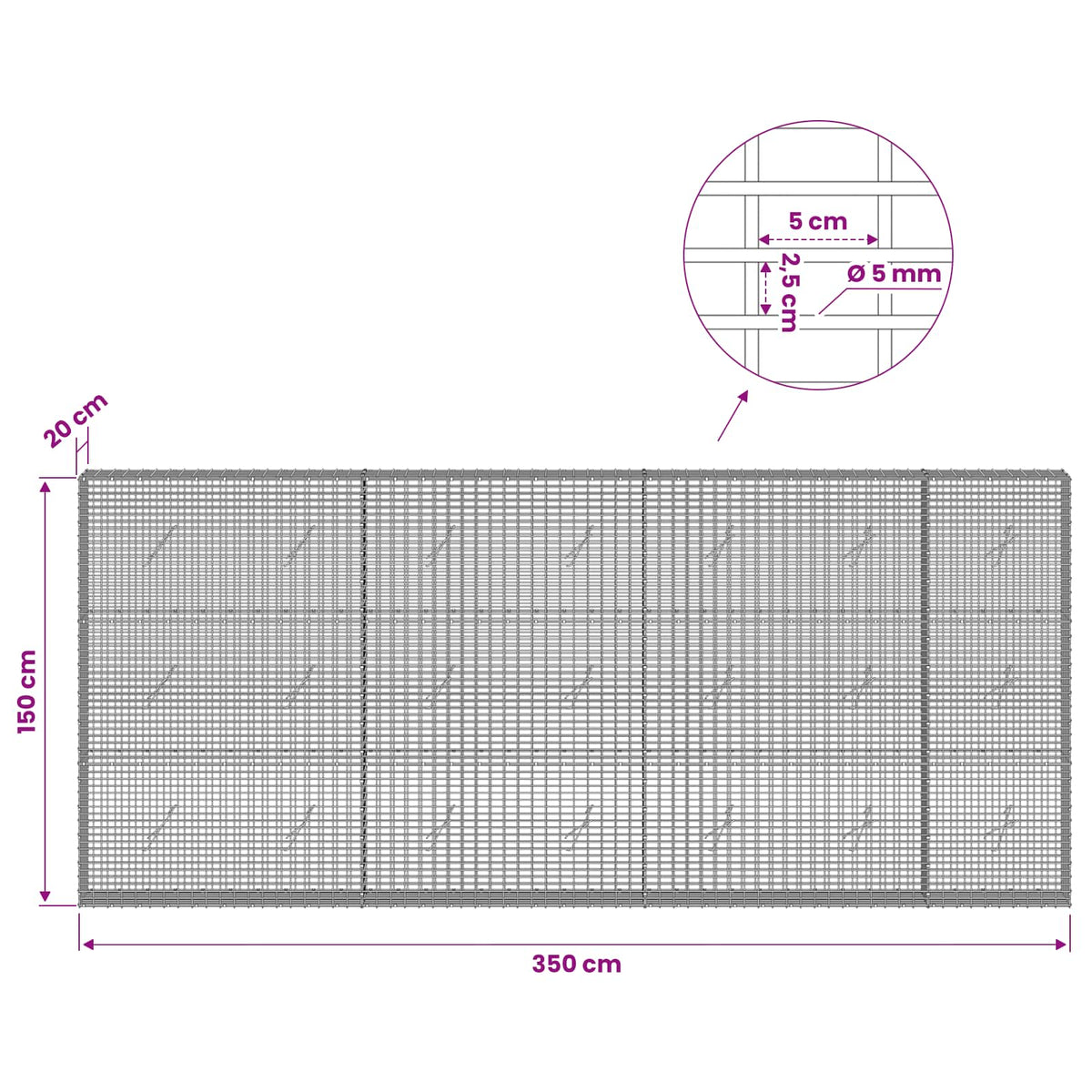 Gabion 5 mm langasta ja 5x2,5 cm verkosta 350x20x150 cm