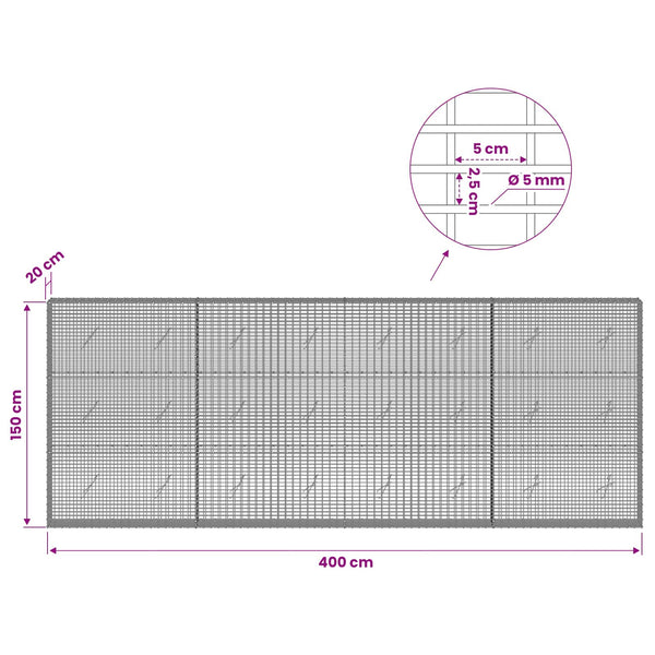 Gabion 5 mm langasta ja 5x2,5 cm verkosta 400x20x150 cm