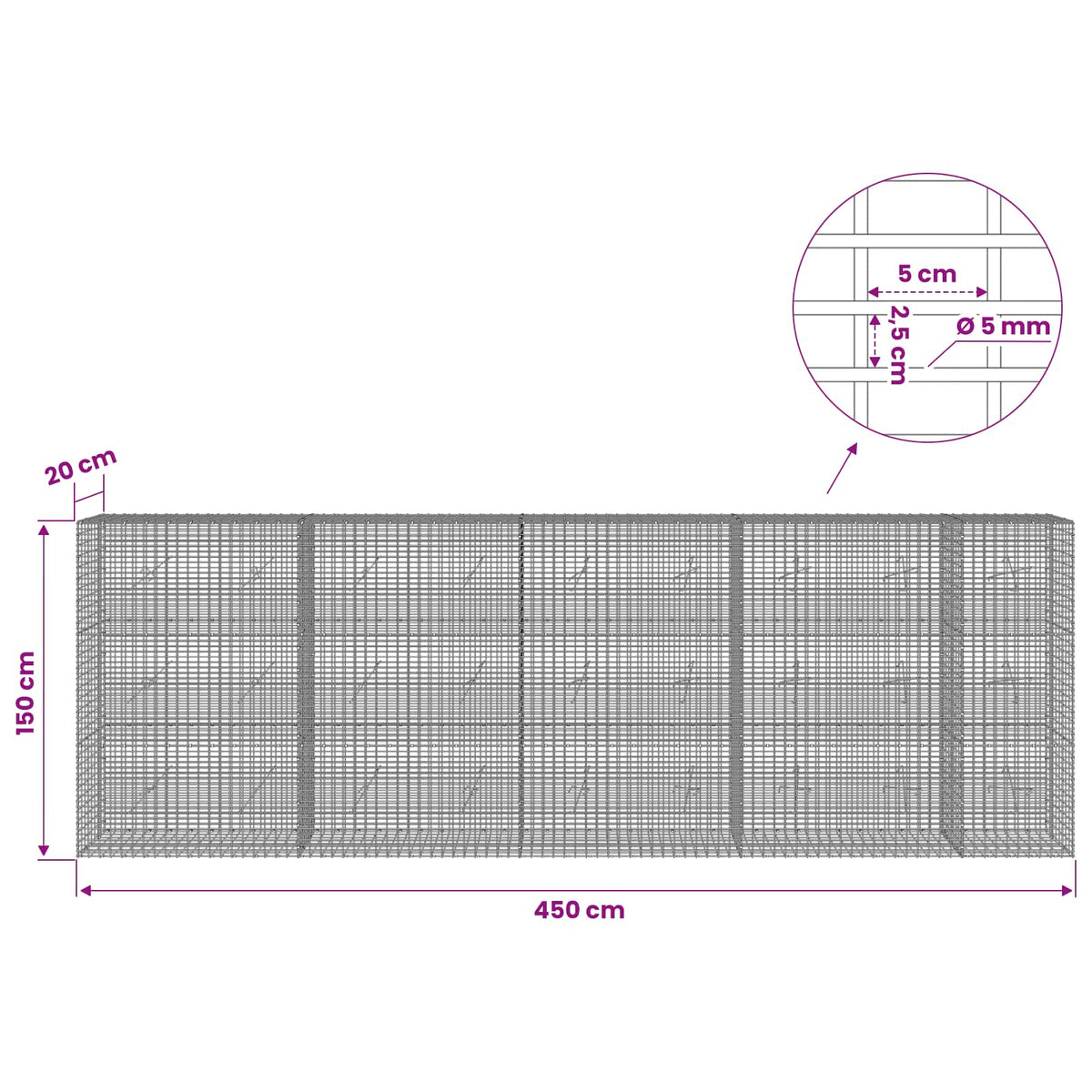 Gabion 5 mm langasta ja 5x2,5 cm verkosta 450x20x150 cm