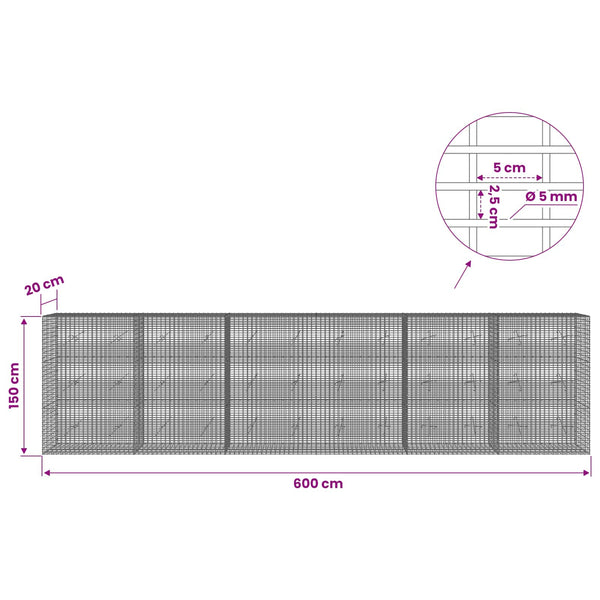 Gabion 5 mm langasta ja 5x2,5 cm verkosta 600x20x150 cm