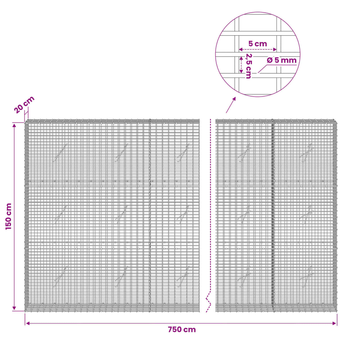 Gabion 5 mm langasta ja 5x2,5 cm verkosta 750x20x150 cm