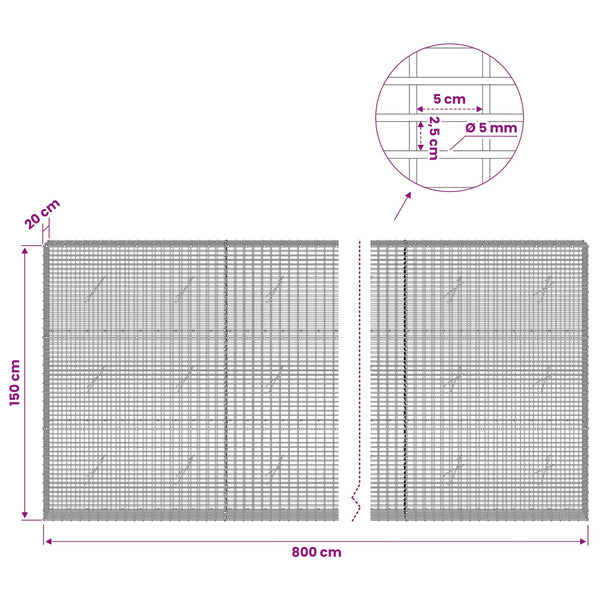 Gabion 5 mm langasta ja 5x2,5 cm verkosta 800x20x150 cm