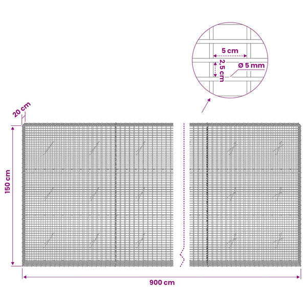 Gabion 5 mm langasta ja 5x2,5 cm verkosta 900x20x150 cm