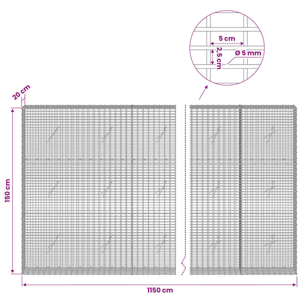 Gabion 5 mm langasta ja 5x2,5 cm verkosta 1150x20x150 cm