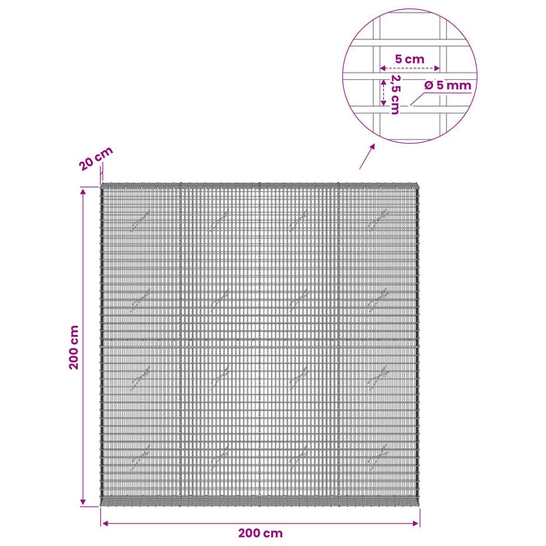 Gabion 5 mm langasta ja 5x2,5 cm verkosta 200x20x200 cm