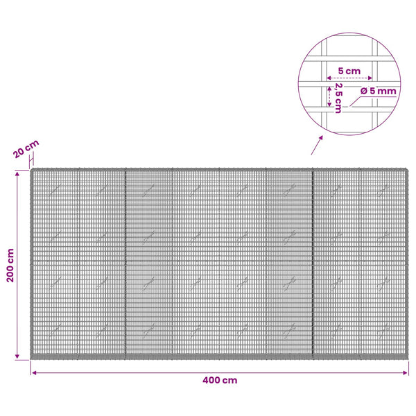 Gabion 5 mm langasta ja 5x2,5 cm verkosta 400x20x200 cm