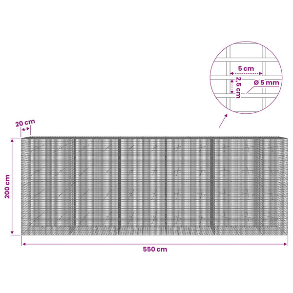 Gabion 5 mm langasta ja 5x2,5 cm verkosta 550x20x200 cm