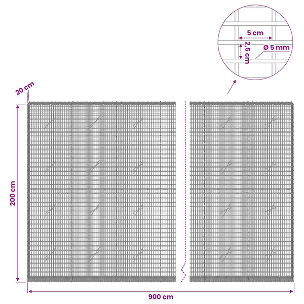 Gabion 5 mm langasta ja 5x2,5 cm verkosta 900x20x200 cm