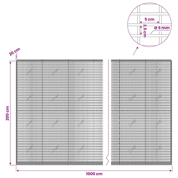 Gabion 5 mm langasta ja 5x2,5 cm verkosta 1000x20x200 cm