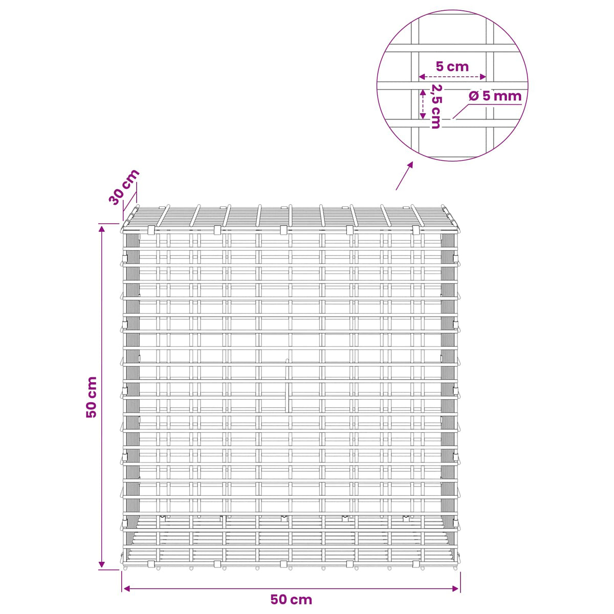 Gabion 5 mm langasta ja 5x2,5 cm verkosta 50x30x50 cm