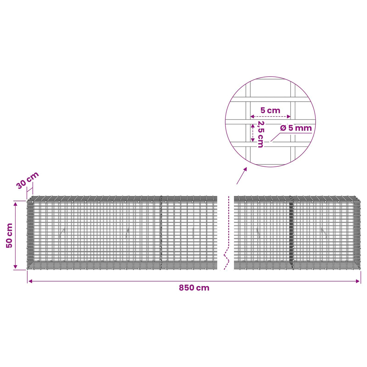 Gabion 5 mm langasta ja 5x2,5 cm verkosta 850x30x50 cm