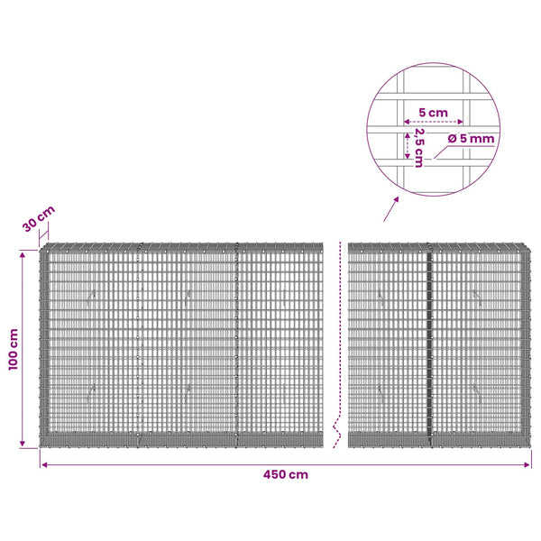 Gabion 5 mm langasta ja 5x2,5 cm verkosta 450x30x100 cm