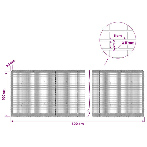 Gabion 5 mm langasta ja 5x2,5 cm verkosta 500x30x100 cm