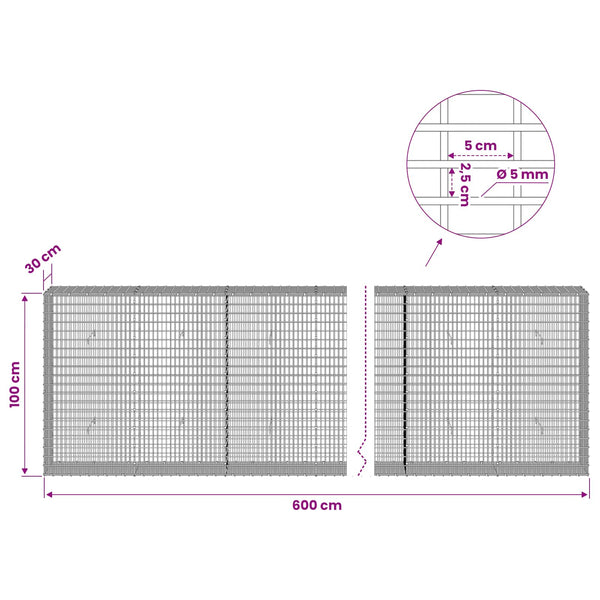 Gabion 5 mm langasta ja 5x2,5 cm verkosta 600x30x100 cm
