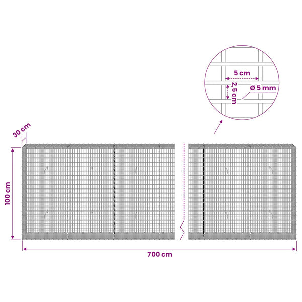 Gabion 5 mm langasta ja 5x2,5 cm verkosta 700x30x100 cm