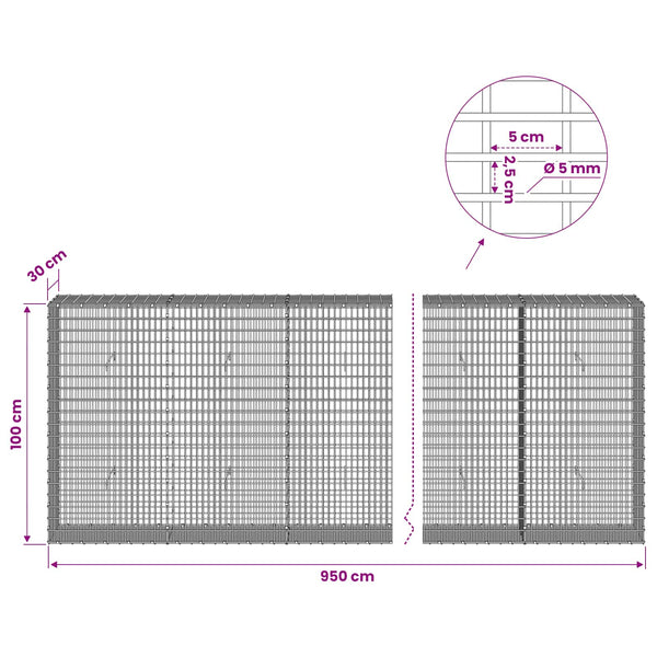 Gabion 5 mm langasta ja 5x2,5 cm verkosta 950x30x100 cm
