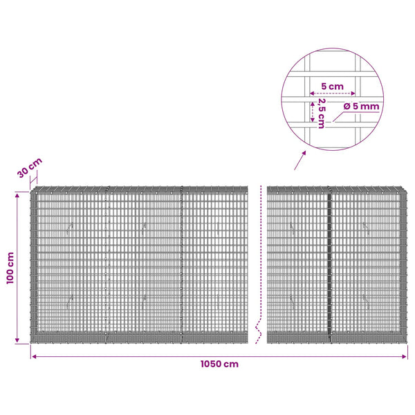 Gabion 5 mm langasta ja 5x2,5 cm verkosta 1050x30x100 cm