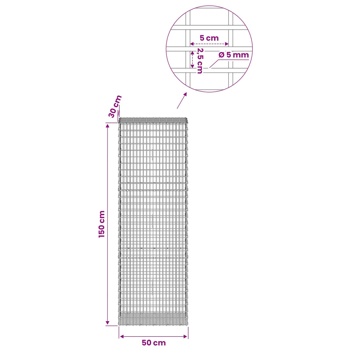 Gabion 5 mm langasta ja 5x2,5 cm verkosta 50x30x150 cm