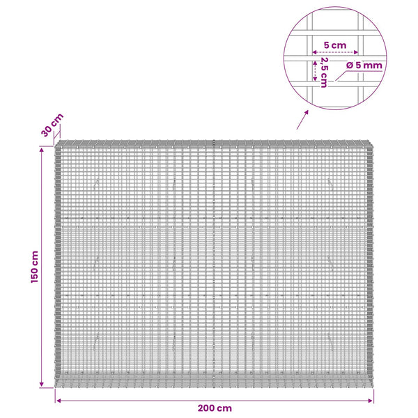 Gabion 5 mm langasta ja 5x2,5 cm verkosta 200x30x150 cm
