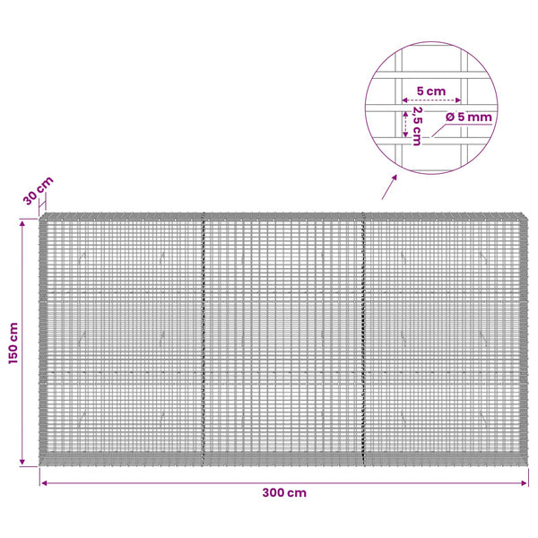 Gabion 5 mm langasta ja 5x2,5 cm verkosta 300x30x150 cm