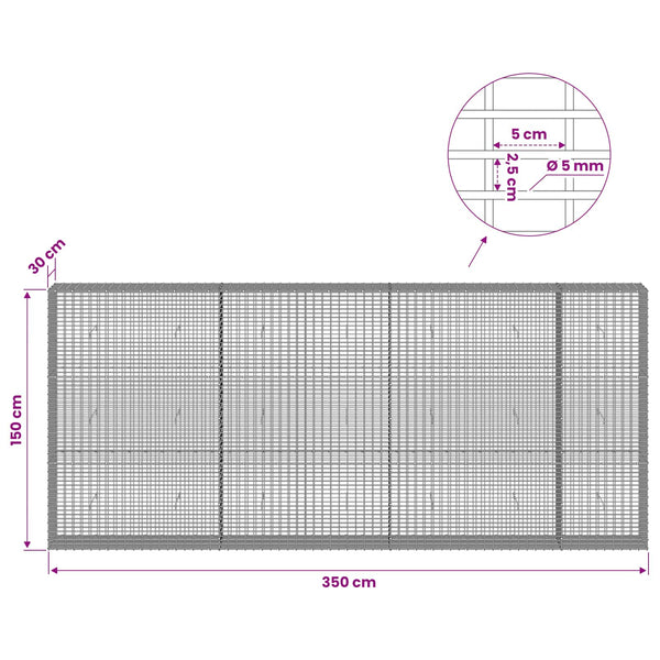 Gabion 5 mm langasta ja 5x2,5 cm verkosta 350x30x150 cm