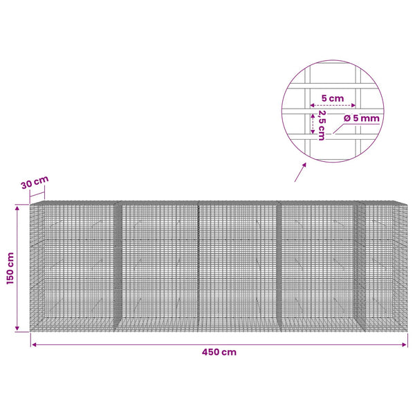Gabion 5 mm langasta ja 5x2,5 cm verkosta 450x30x150 cm