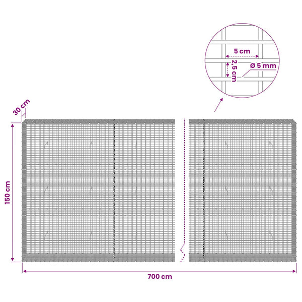 Gabion 5 mm langasta ja 5x2,5 cm verkosta 700x30x150 cm