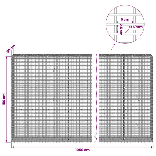 Gabion 5 mm langasta ja 5x2,5 cm verkosta 1050x30x150 cm