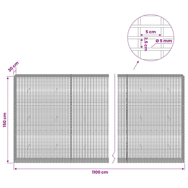 Gabion 5 mm langasta ja 5x2,5 cm verkosta 1100x30x150 cm