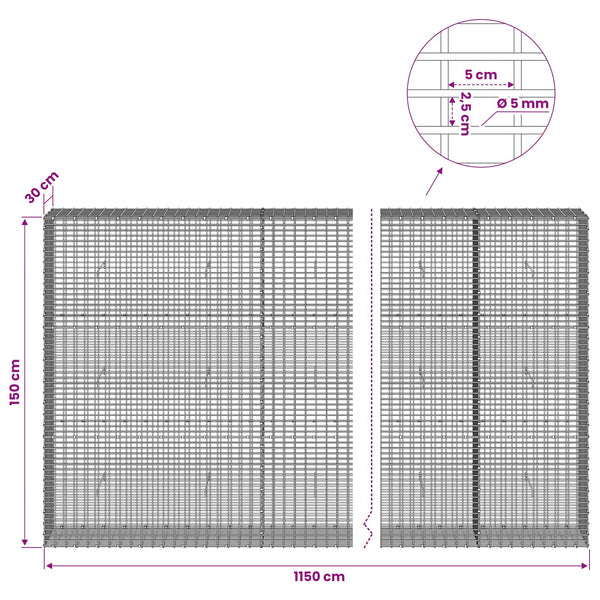 Gabion 5 mm langasta ja 5x2,5 cm verkosta 1150x30x150 cm