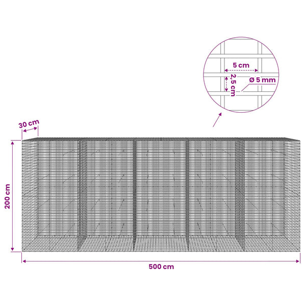 Gabion 5 mm langasta ja 5x2,5 cm verkosta 500x30x200 cm