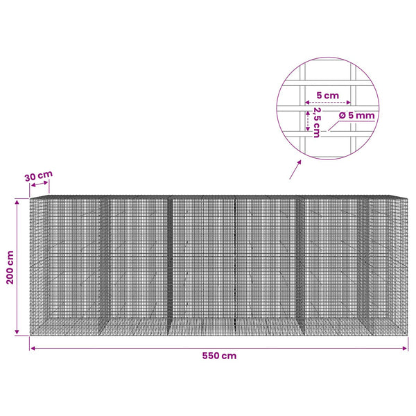 Gabion 5 mm langasta ja 5x2,5 cm verkosta 550x30x200 cm