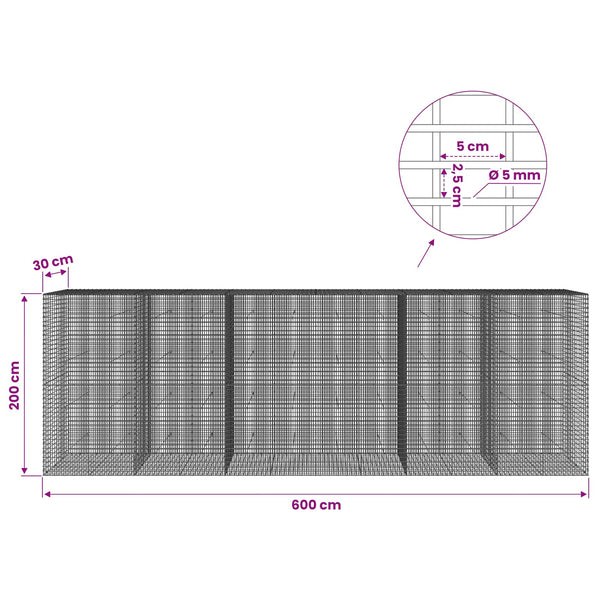 Gabion 5 mm langasta ja 5x2,5 cm verkosta 600x30x200 cm
