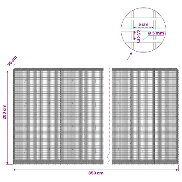 Gabion 5 mm langasta ja 5x2,5 cm verkosta 850x30x200 cm