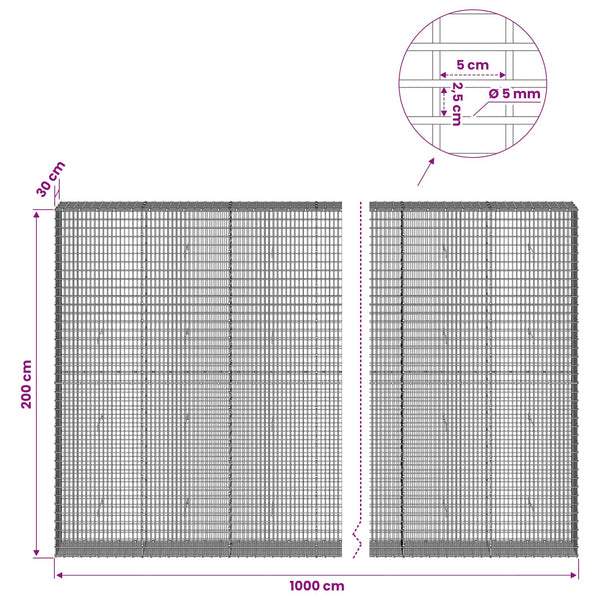 Gabion 5 mm langasta ja 5x2,5 cm verkosta 1000x30x200 cm