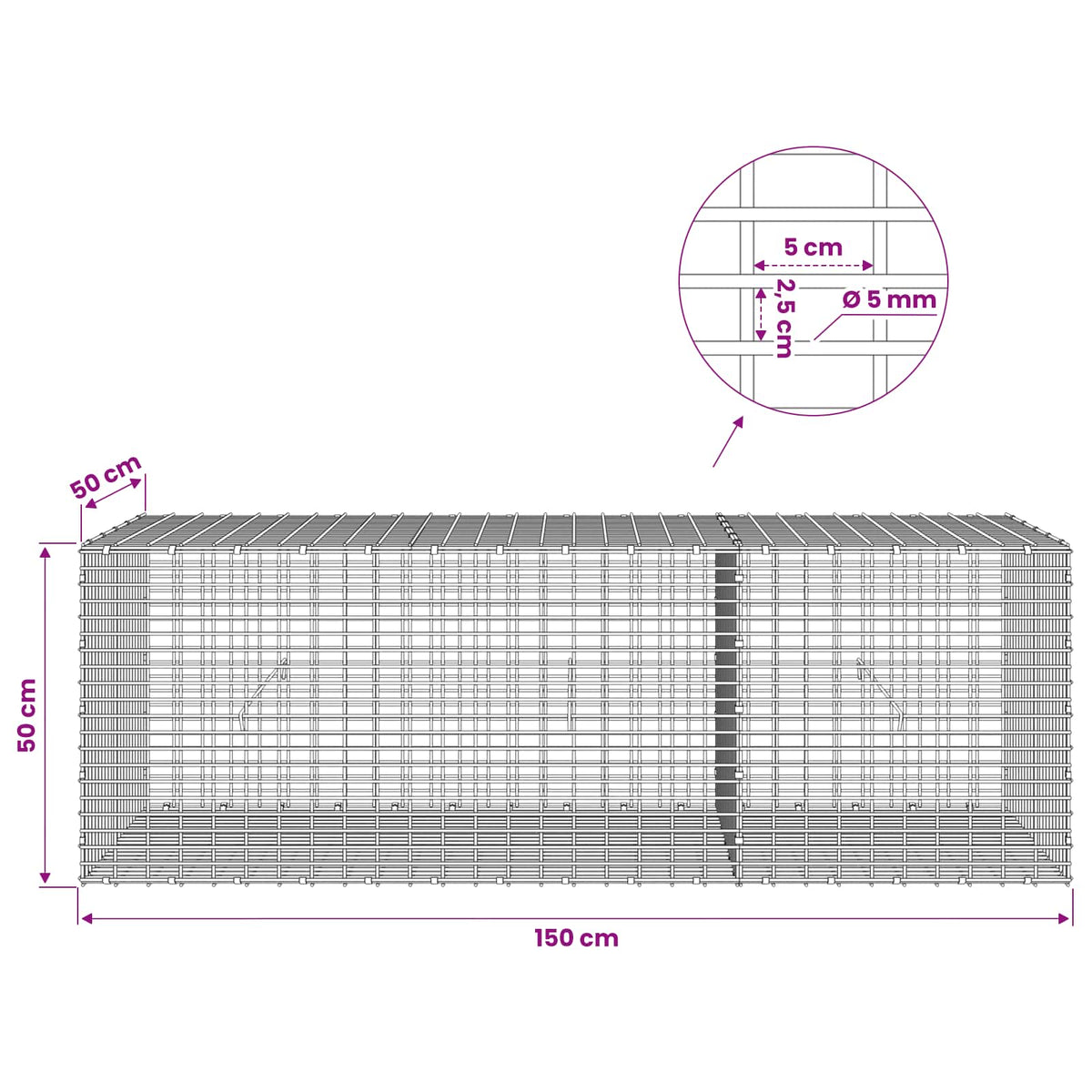 Gabion 5 mm langasta ja 5x2,5 cm verkosta 150x50x50 cm