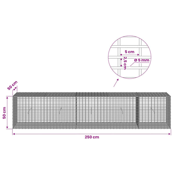 Gabion 5 mm langasta ja 5x2,5 cm verkosta 250x50x50 cm